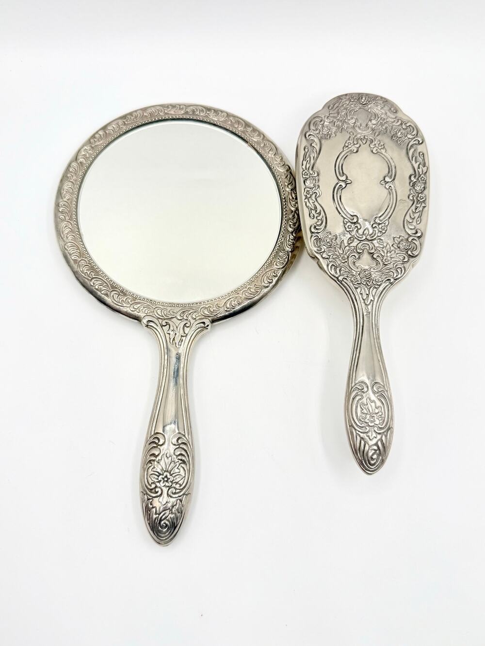 Vintage Silverplate Ornate Hand Mirror Hair Brush Vanity Set Floral Scroll 2 Pc